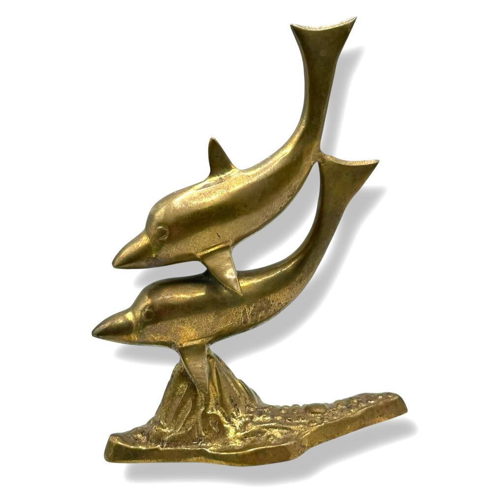 Vintage Brass Dolphin Figurine - Retro Decor 70s 80s Palm Beach Deco - Picture 1 of 5